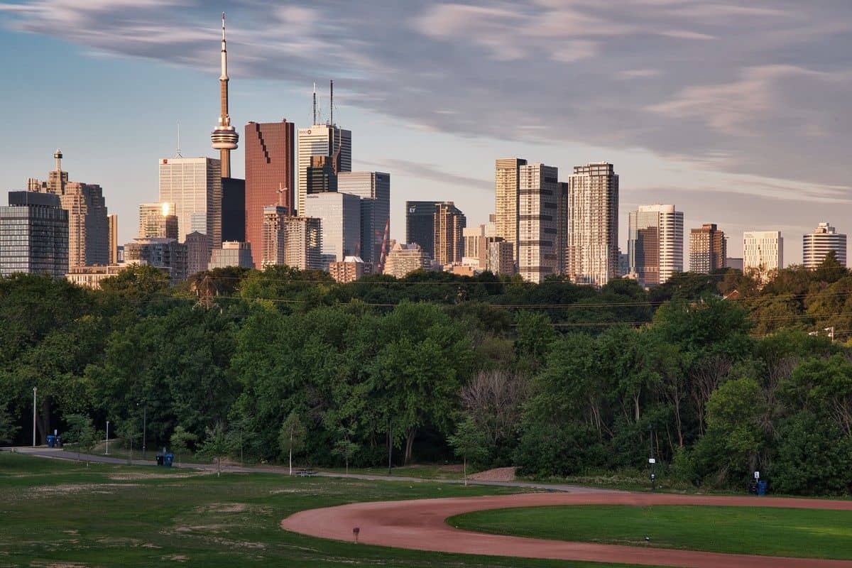 riverdale baseball diamond with view of CN Tower in toronto