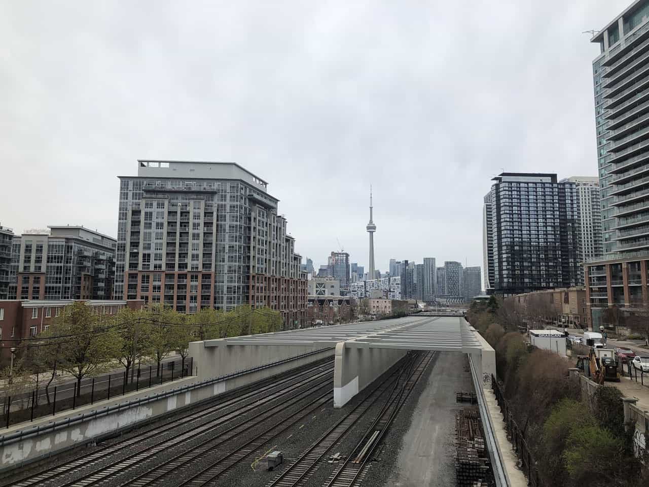 view of cn tower from king liberty pedestrian bridge